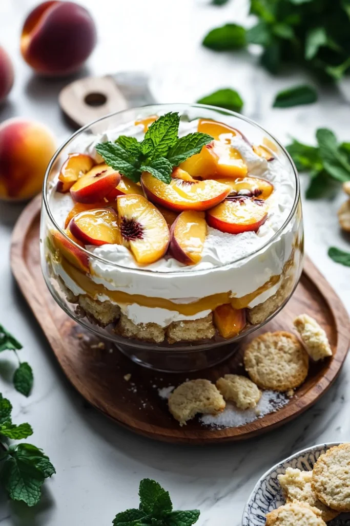 Delicious summer peach mousse trifle with layers of cream and peaches.