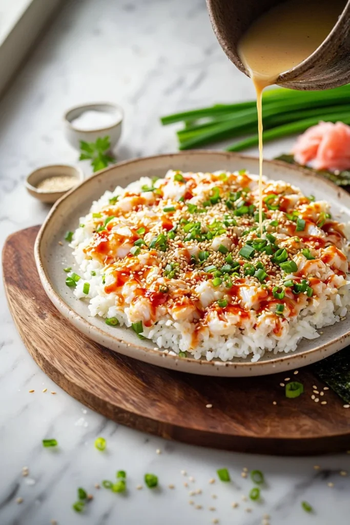 Delicious homemade Sushi Bake served in a dish, ready to enjoy.