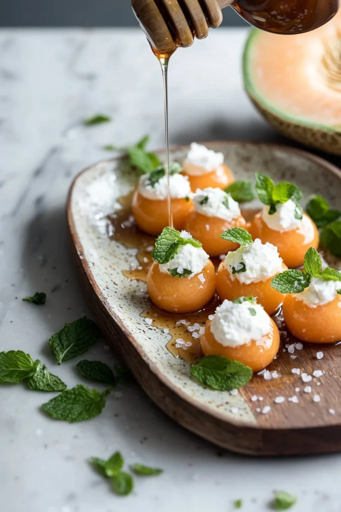 Sweet and salty cantaloupe cheese bites with a delicious blend of flavors