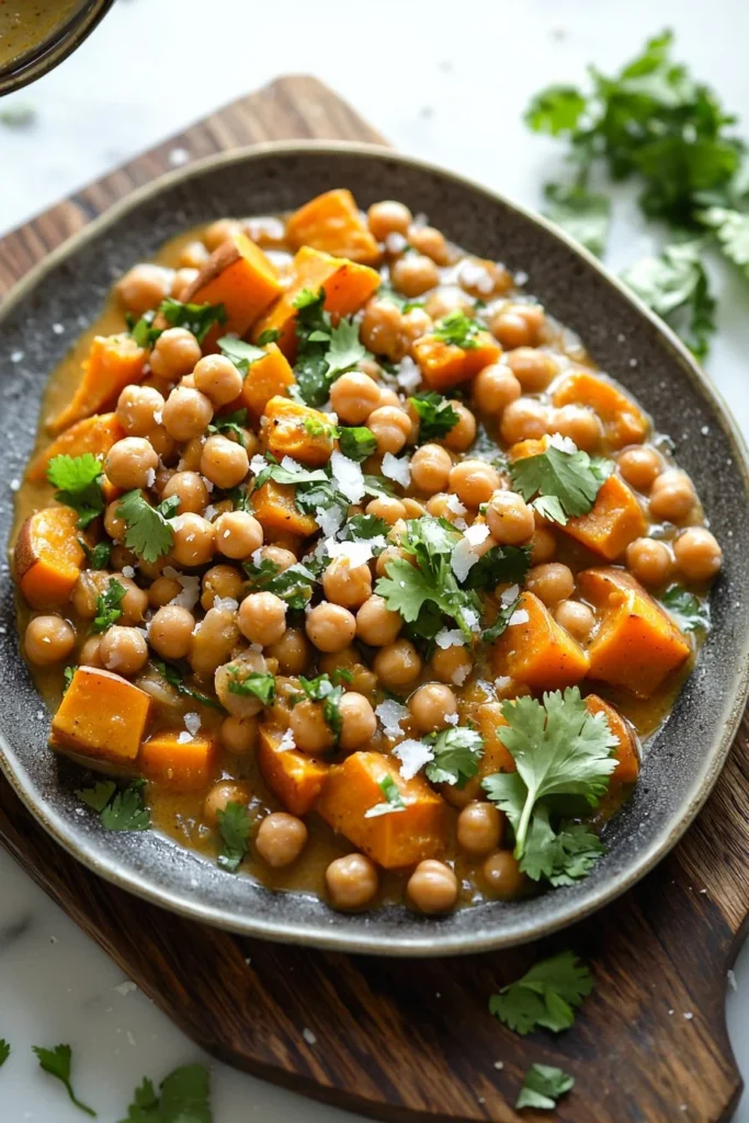 Bowl of sweet potato and chickpea curry garnished with fresh herbs.