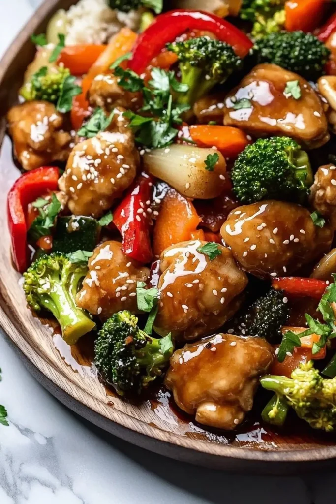 Stir fry featuring teriyaki chicken with colorful vegetables