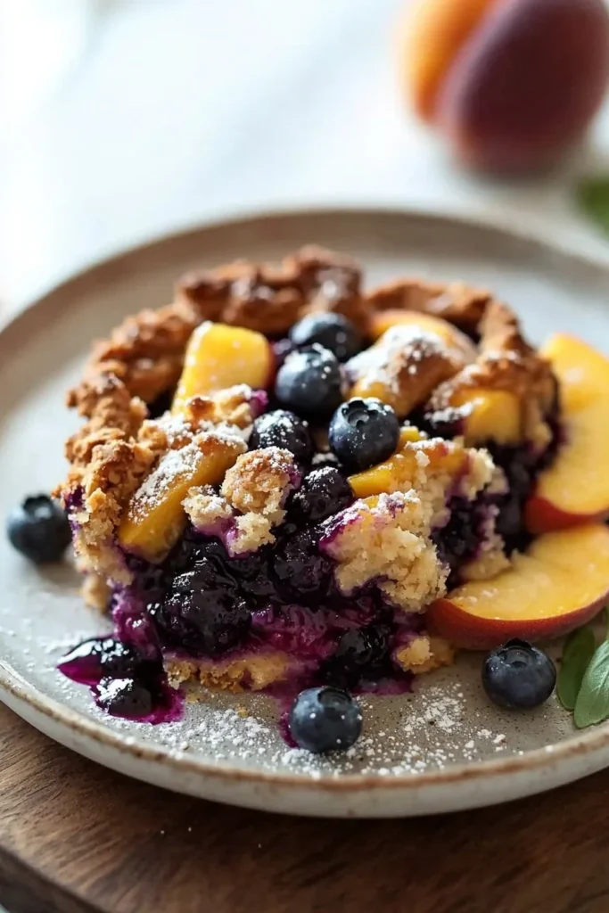 Delicious blueberry peach cobbler served in a rustic dish, topped with ice cream.