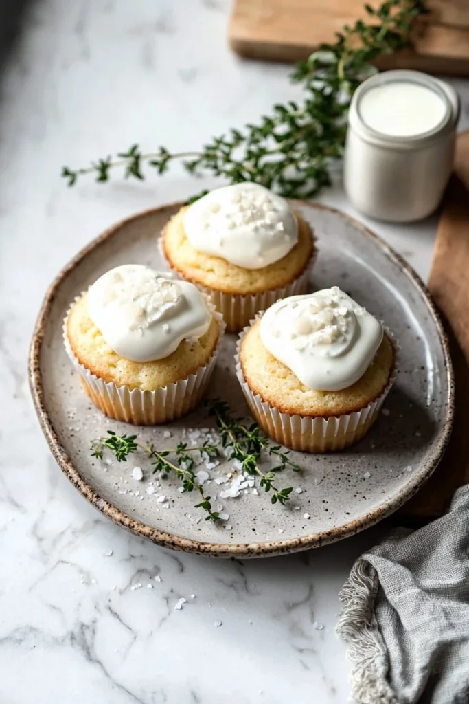 Three milks cupcakes topped with cream and sprinkled with coconut flakes