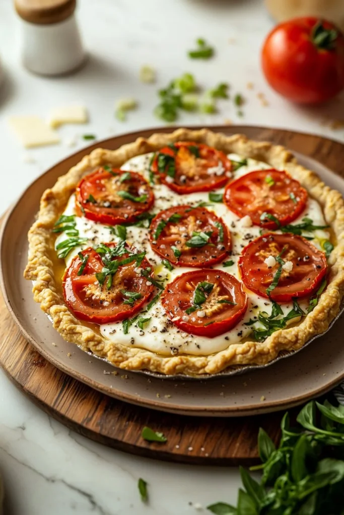 Homemade Tomato Pie with fresh tomatoes and herbs, baked golden brown