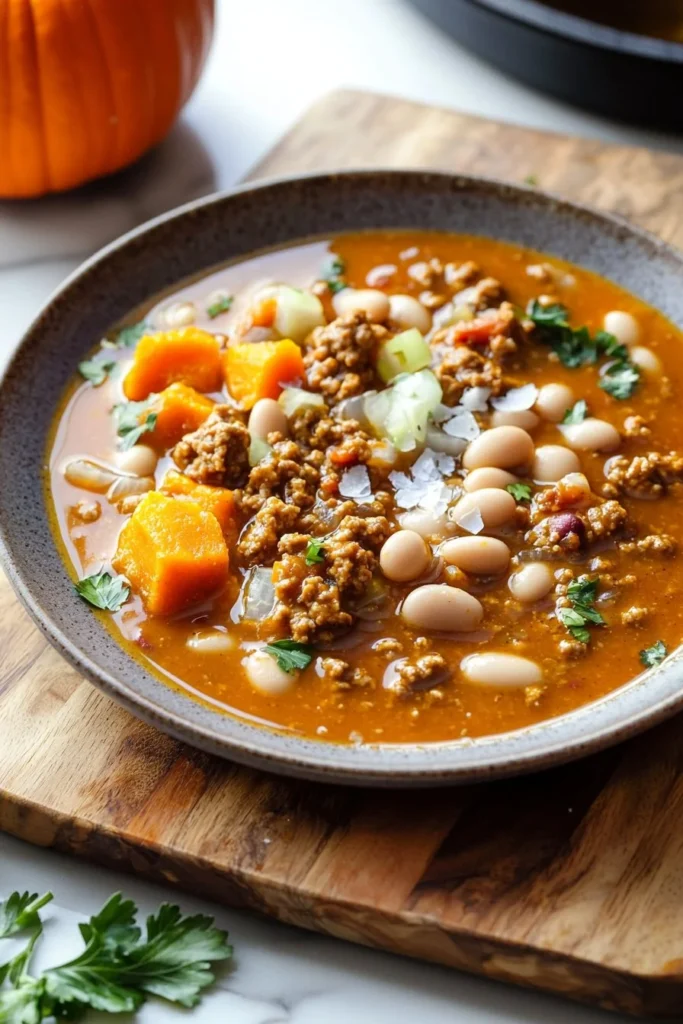 Bowl of Turkey Pumpkin Chili topped with fresh herbs and served with crusty bread.