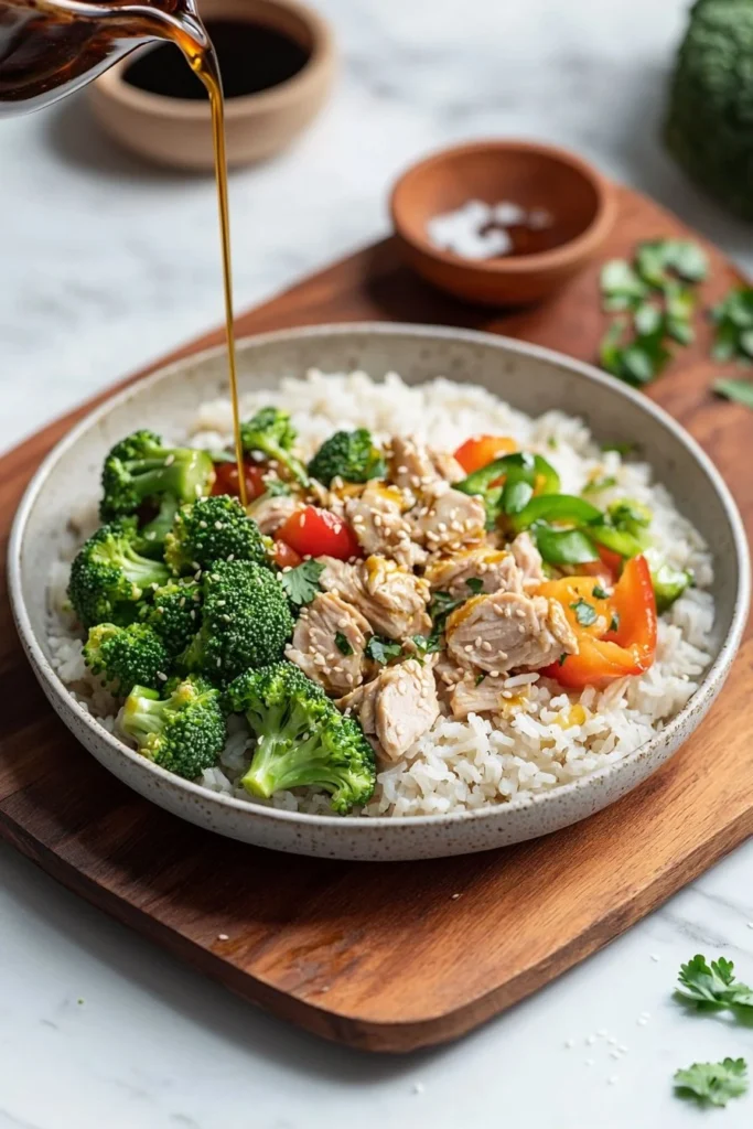 Delicious Turkey Rice Bowl garnished with fresh vegetables and herbs