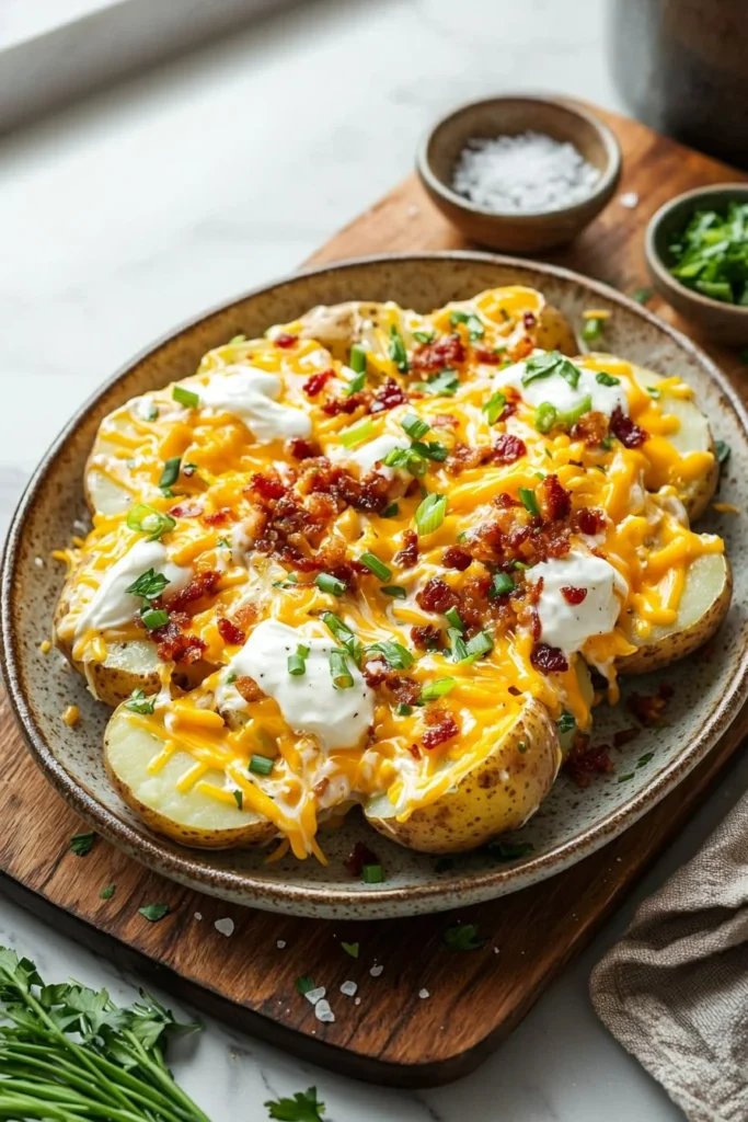 Twice-Baked Loaded Breakfast Potatoes topped with cheese and bacon.
