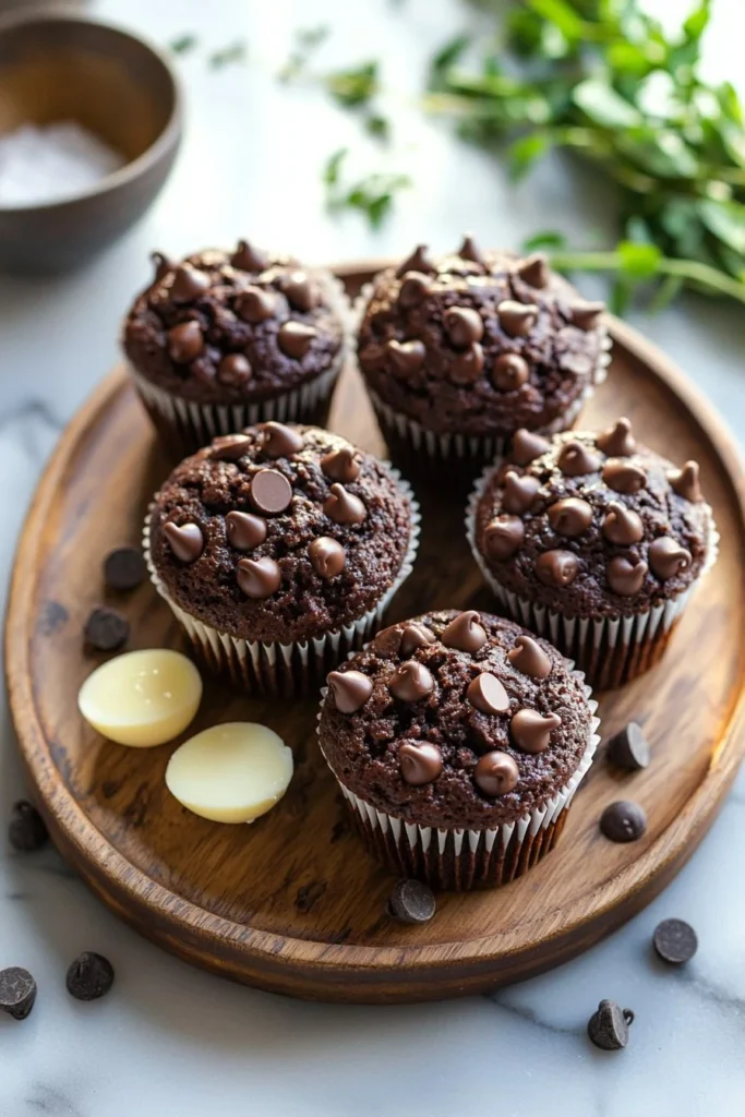 Delicious double chocolate chip muffins fresh out of the oven