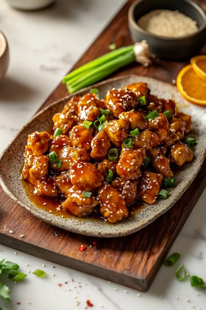 Plate of ultimate orange chicken garnished with sesame seeds and green onions.