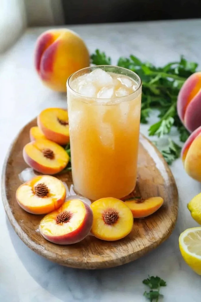 A refreshing glass of Ultimate Peach Lemonade with fresh peach slices and lemon.