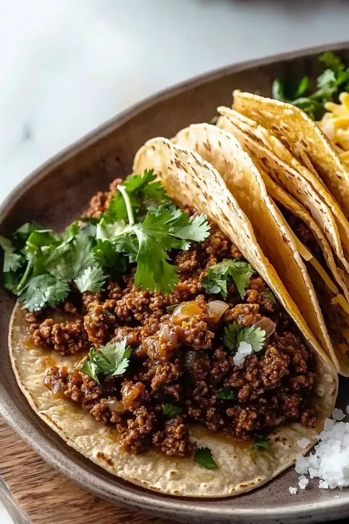 Delicious ultimate taco meat prepared and garnished for tacos
