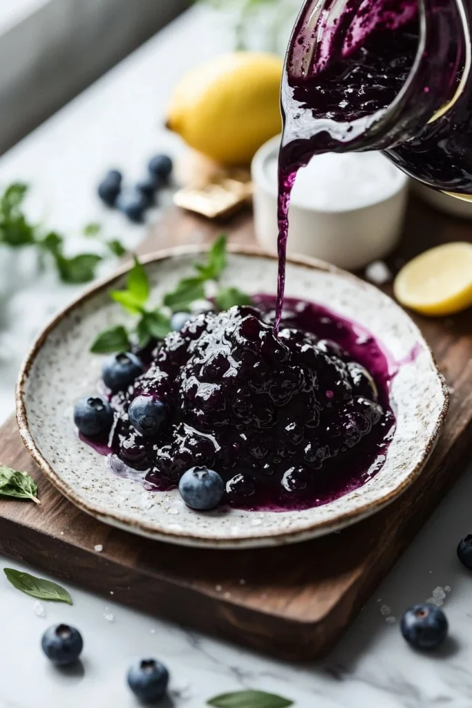 Jar of homemade Vanilla Blueberry Jam on a wooden table