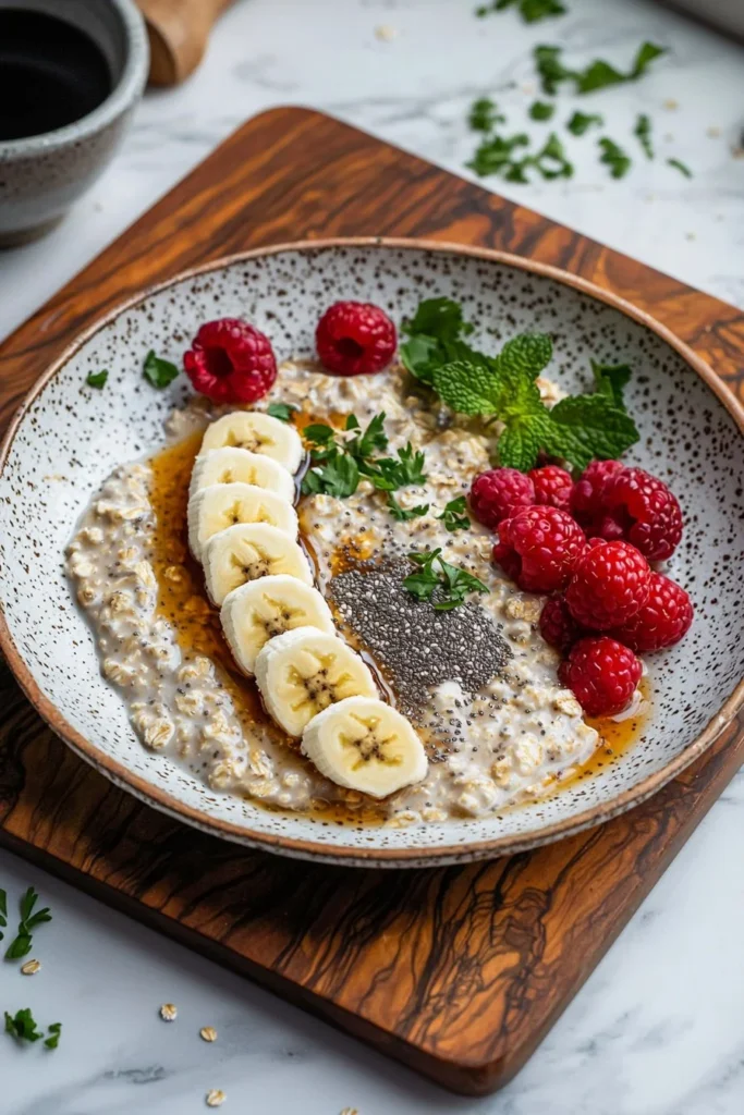 Delicious vegan breakfast recipe with fresh fruits and oats.