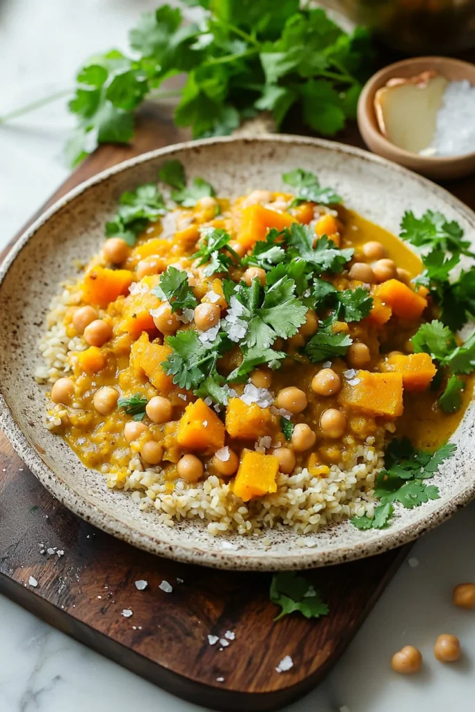 Vegan butternut squash chickpea curry served in a bowl with fresh herbs.