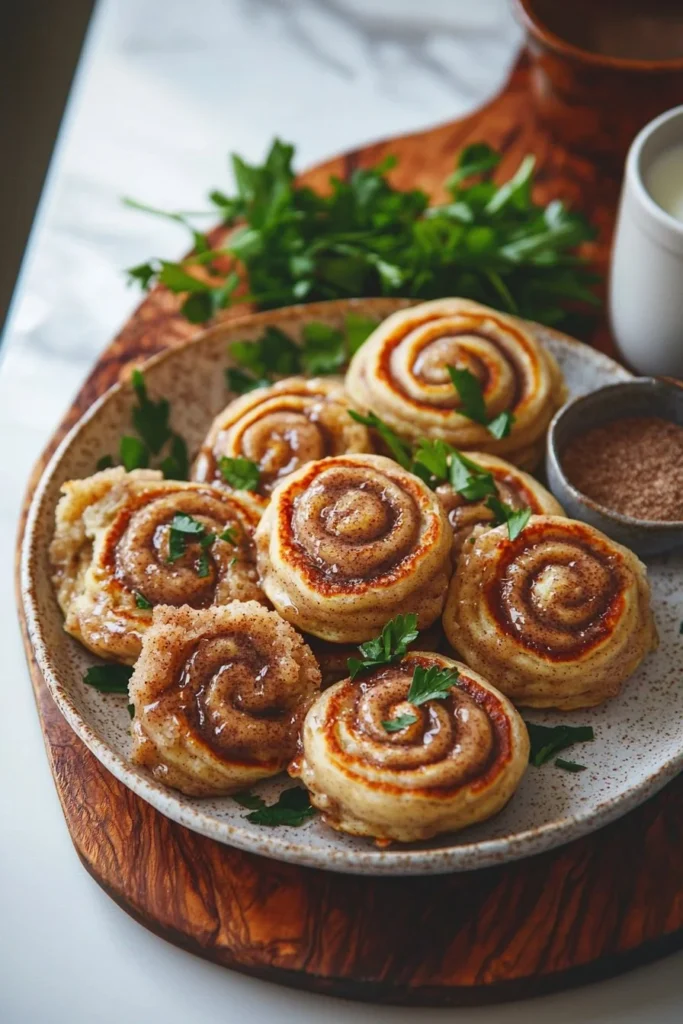 Vegan cinnamon roll pancakes topped with creamy icing and cinnamon swirl