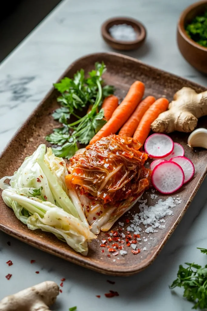 Bowl of homemade Vegan Kimchi with fresh vegetables and spices