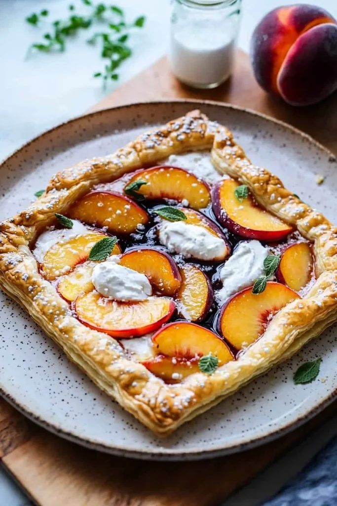 Vegan Peaches and Cream Puff Pastry Tart served on a plate