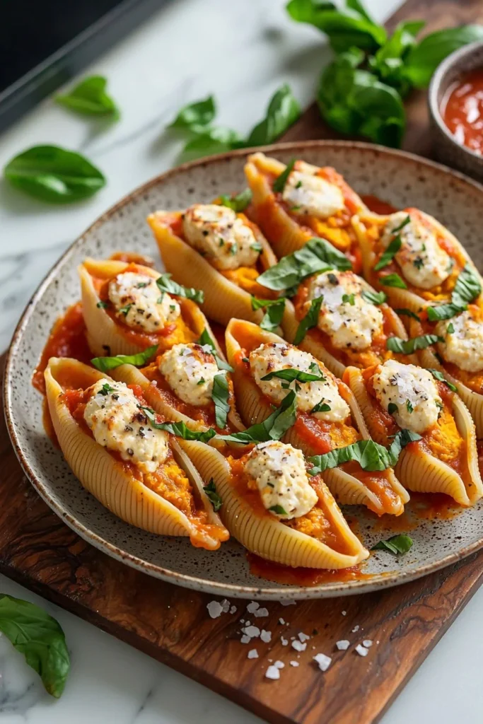 Delicious vegan pumpkin ricotta stuffed shells topped with fresh herbs.
