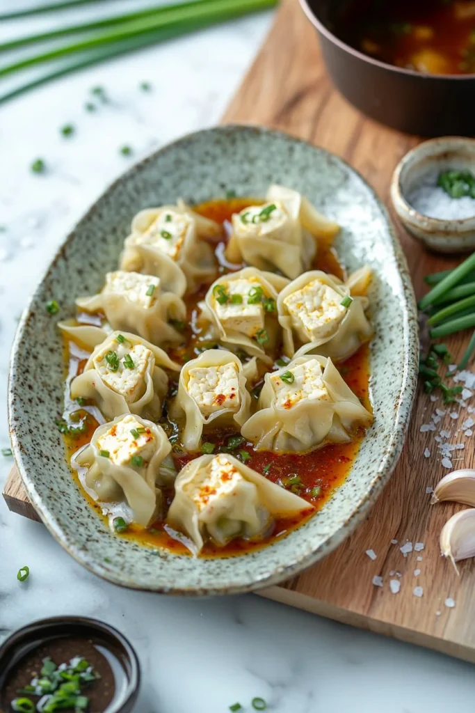 Vegan wontons filled with tofu and chives in spicy broth