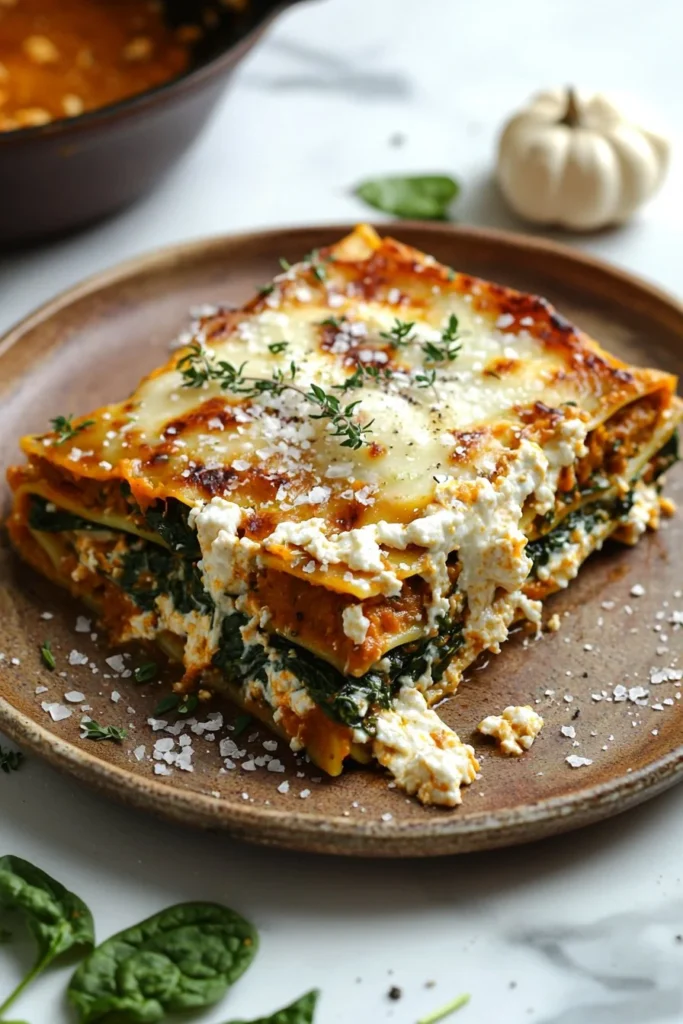 Slice of vegetarian pumpkin spinach lasagna topped with cheese and herbs
