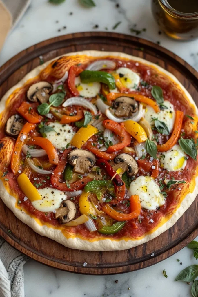 Delicious veggie pizza topped with fresh vegetables and colorful toppings.