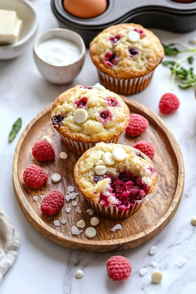 Freshly baked white chocolate raspberry muffins with a soft texture and vibrant berries.