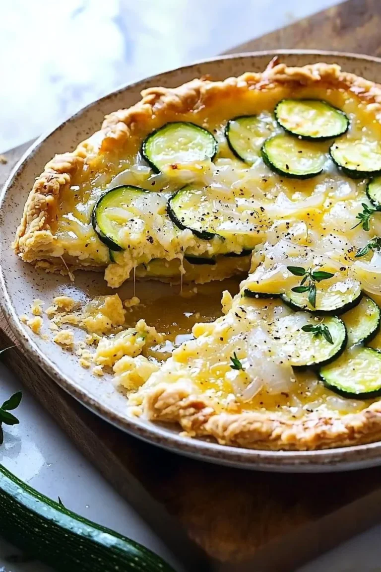 Delicious homemade Zucchini Onion Pie served on a white plate