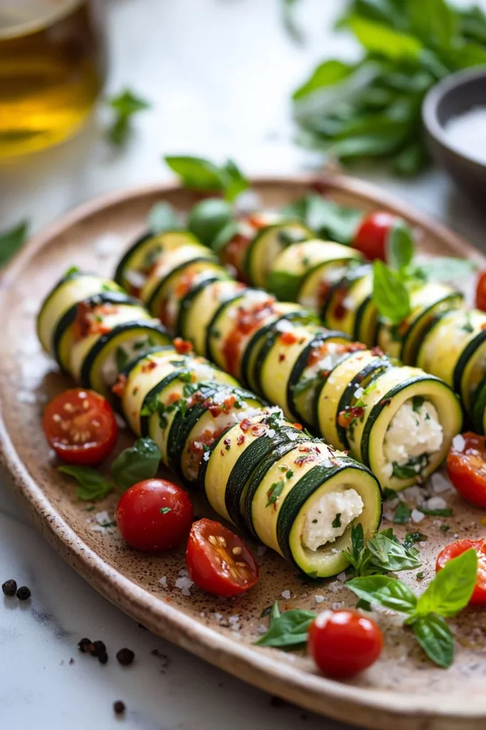 Plate of zucchini roll-ups filled with cheese and herbs
