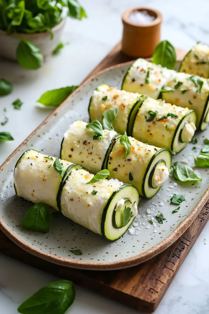 Plate of zucchini rolls filled with cheese and herbs, garnished with tomato sauce