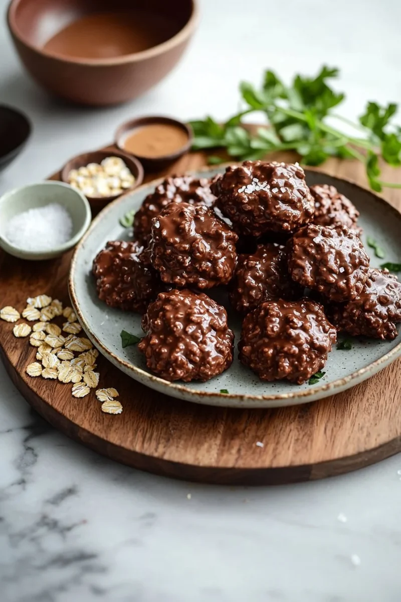 Plate of chocolate no bake cookies ready to enjoy