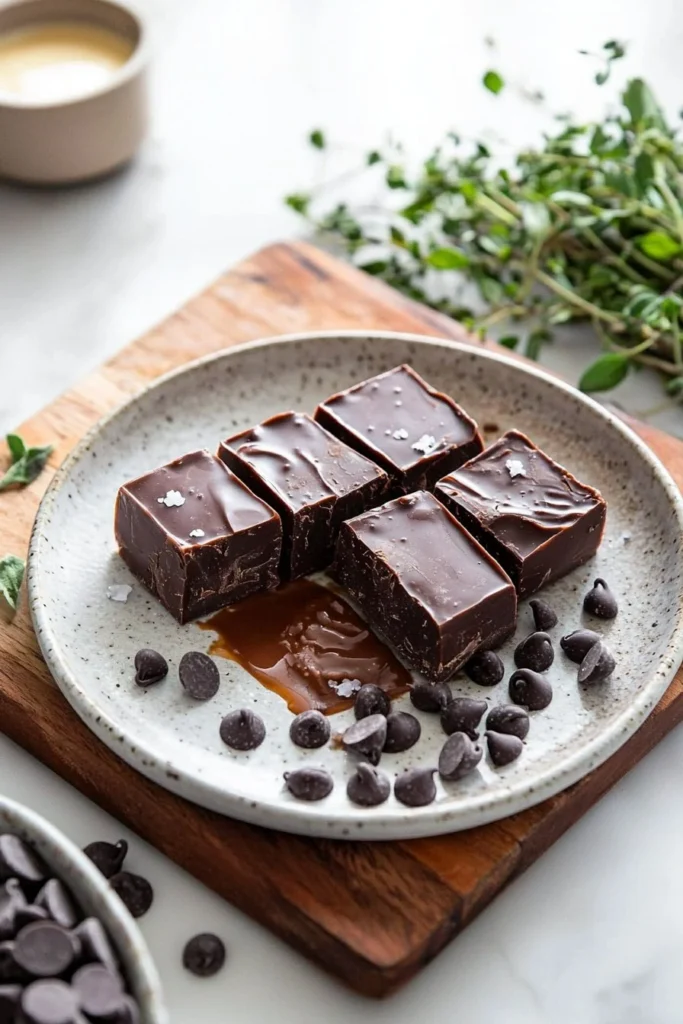 3-ingredient microwave chocolate fudge on a plate ready to serve