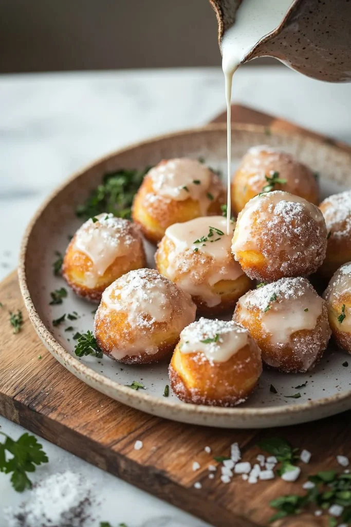 Freshly made 4-ingredient glazed donut holes topped with sweet glaze