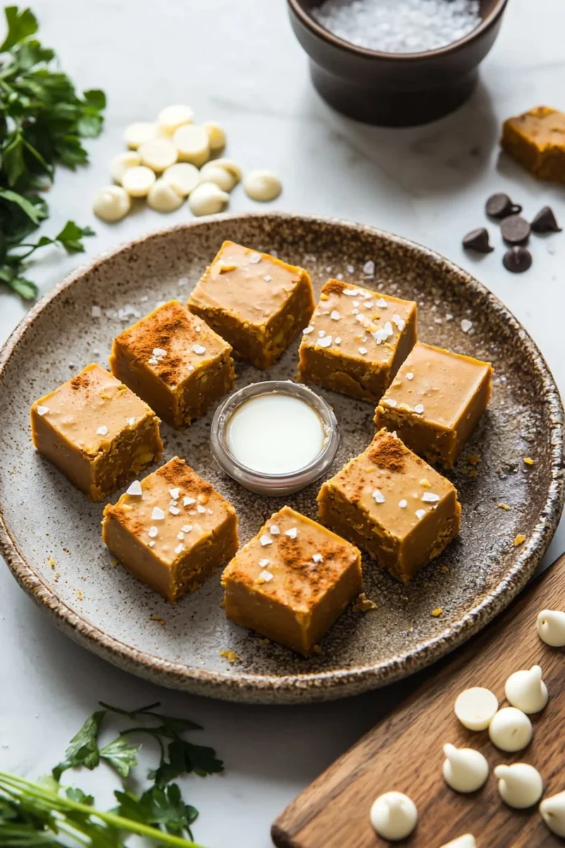 Delicious 4 ingredient pumpkin fudge displayed on a rustic wooden table.