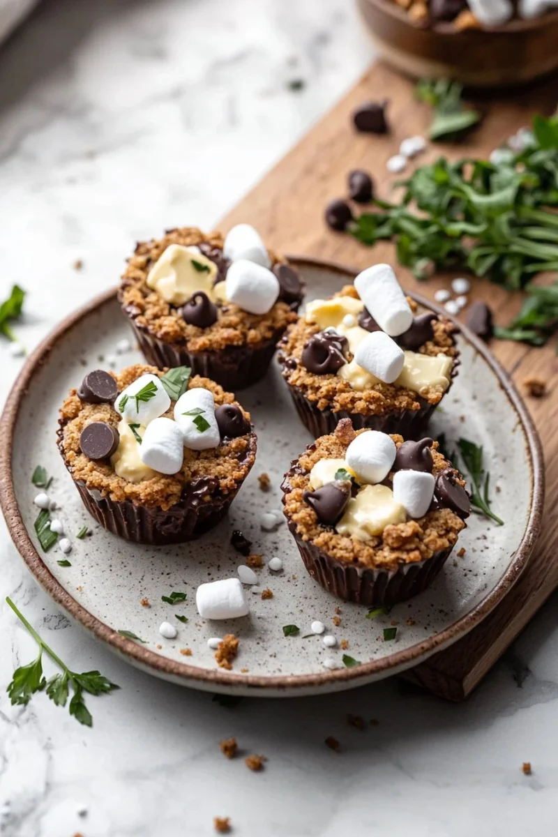 Delicious 4 Ingredient S’Mores Cookie Cups topped with chocolate and marshmallows.