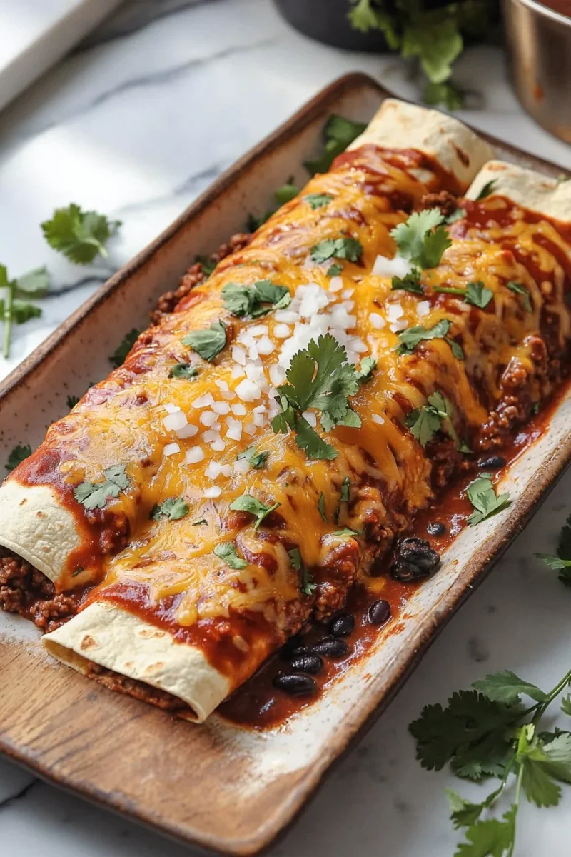 5-Ingredient beef enchiladas garnished with cilantro and cheese