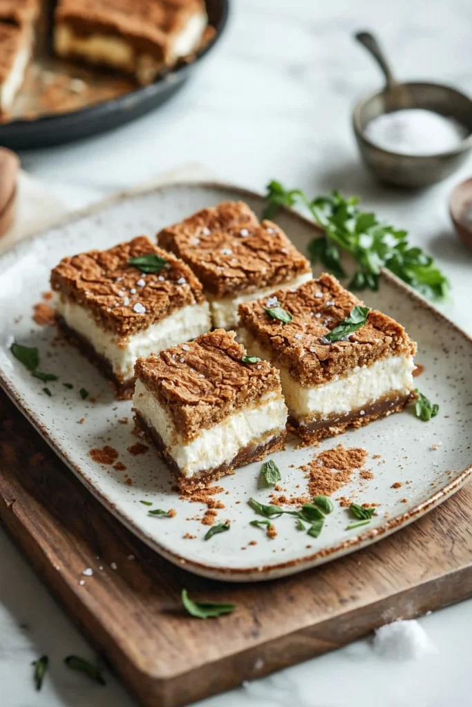 5 Ingredient Biscoff Cheesecake Bars topped with Biscoff cookie crumbles