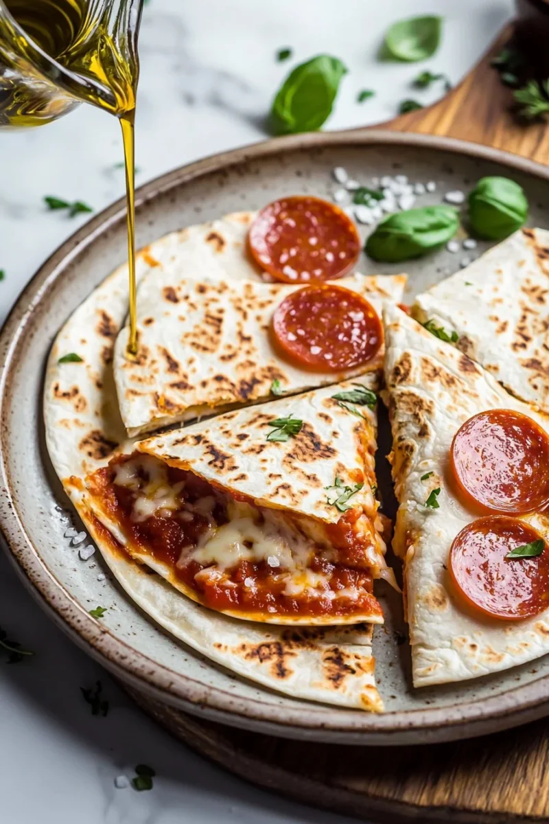 Delicious pepperoni pizza quesadilla served warm on a plate
