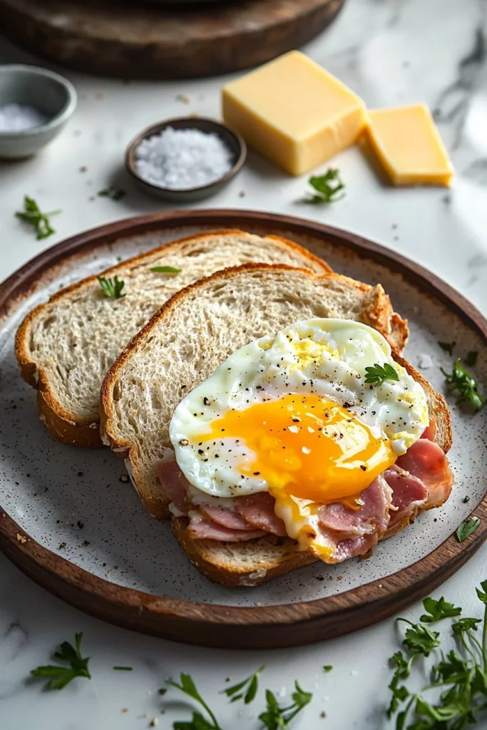 Delicious 5 minutes breakfast sandwich with eggs and bacon on a plate