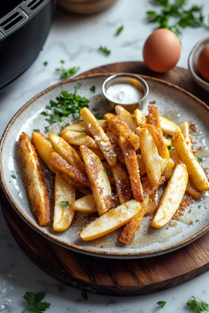 Crispy air fryer apple fries served in a bowl with cinnamon sugar on the side.