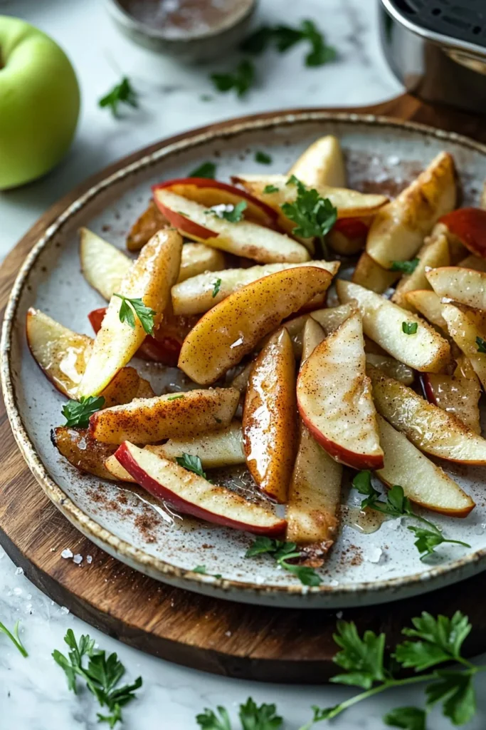 Crispy air fryer apple fries served on a plate with a caramel dipping sauce.