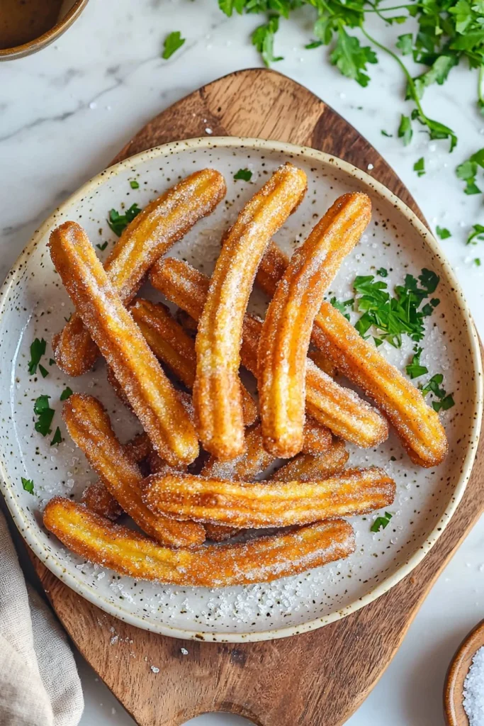 Light and crispy air fryer churros served on a plate