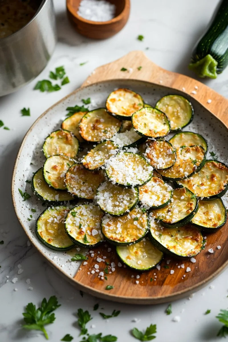Crispy air fryer zucchini chips topped with parmesan cheese