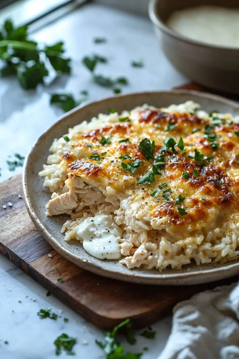 Angel Chicken Rice Casserole with creamy sauce and herbs