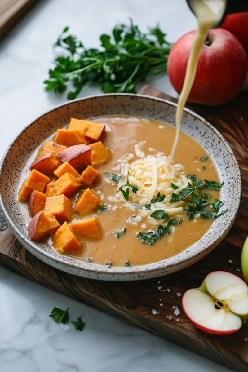 Bowl of Apple Cheddar Sweet Potato Soup garnished with herbs