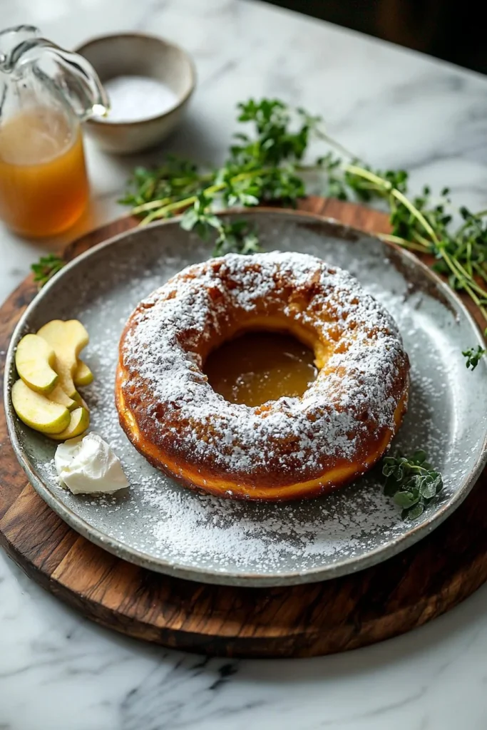 Slice of delicious apple cider doughnut cake topped with cinnamon sugar