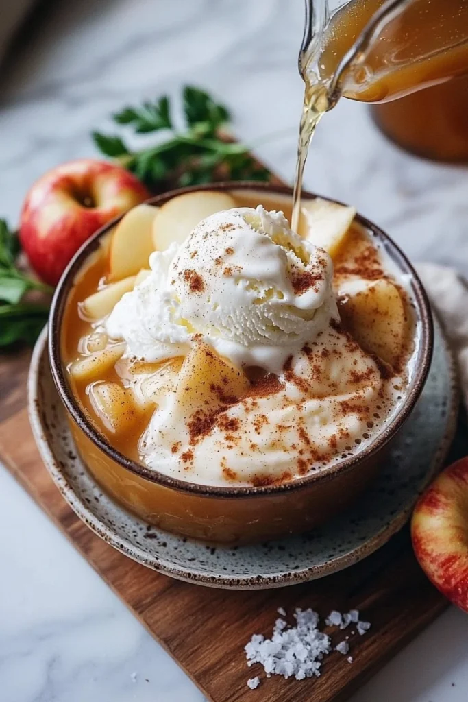Delicious Apple Cider Float topped with ice cream in a clear glass.