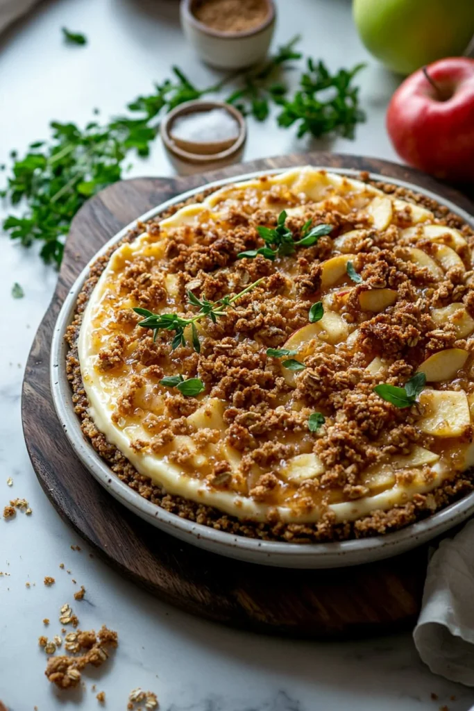 Slice of Apple Crisp Cheesecake topped with crunchy apple and cinnamon