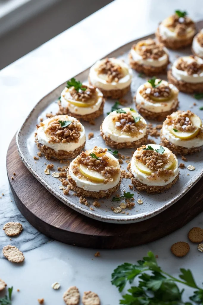 Delicious Apple Crisp Mini Cheesecakes topped with spiced apples and crumble