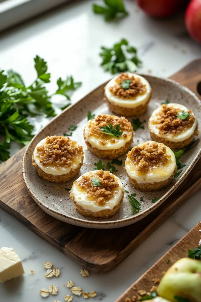 Delicious Apple Crisp Mini Cheesecakes topped with an apple crisp layer