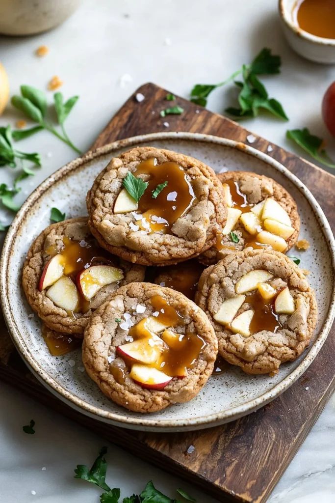 Delicious Apple Pie Caramel Cookies with a caramel drizzle on top